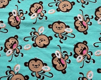 Monkey and Donuts on Green 100% Cotton Flannel Fabric (Fabric sold by the yard) - LAST of this Fabric - * * *