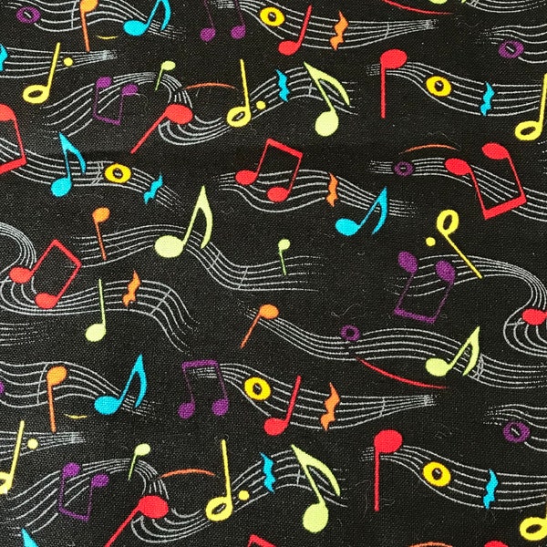 Color Tossed Music Notes on Black 100% Cotton Fabric FQ Fat Quarter 1/4, 1/2 or by the Yard (Choose a size)