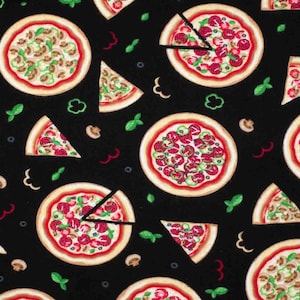Pizza Pie Whole pizzas Slices of pizza on black Mushroom pepperoni peppers Food 100% Cotton Flannel Fabric (Fabric sold by the yard)