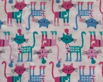 Cats in Sweaters and Scarfs on Pink 100% Cotton Flannel Fabric (Fabric sold by the yard) - LAST of this Fabric