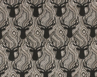 Black Deer Head on Agate Beige 100% Cotton Flannel Fabric (Fabric sold By the yard)
