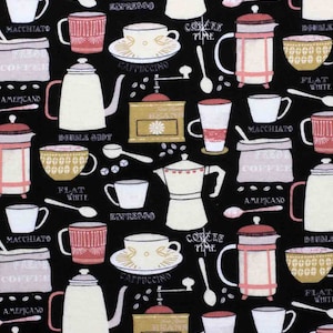 May include: A black background with a repeating pattern of coffee-themed illustrations. The illustrations include coffee cups, mugs, pots, and coffee beans. The text "Coffee Time" appears in the pattern.