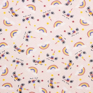 Tossed Unicorn Faces Rainbows Stars Polka Dots on Pink Unicorns face Star Rainbow dot 100% Cotton Flannel Fabric (Fabric sold By the yard)