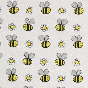 Happy Sketch Bees & Flowers on white Yellow Black Gray Bee Flower 100% Cotton Flannel Fabric (Fabric sold By the yard)