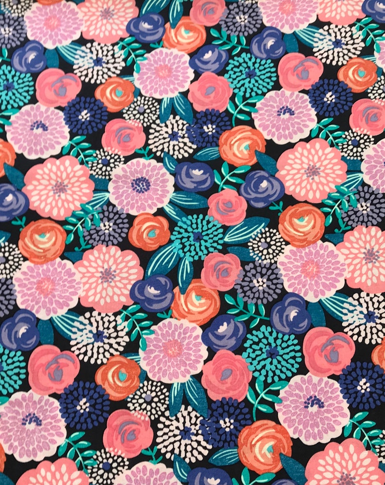 Colorful Modern Floral Flowers on Navy 100% Cotton Fabric FQ Fat ...