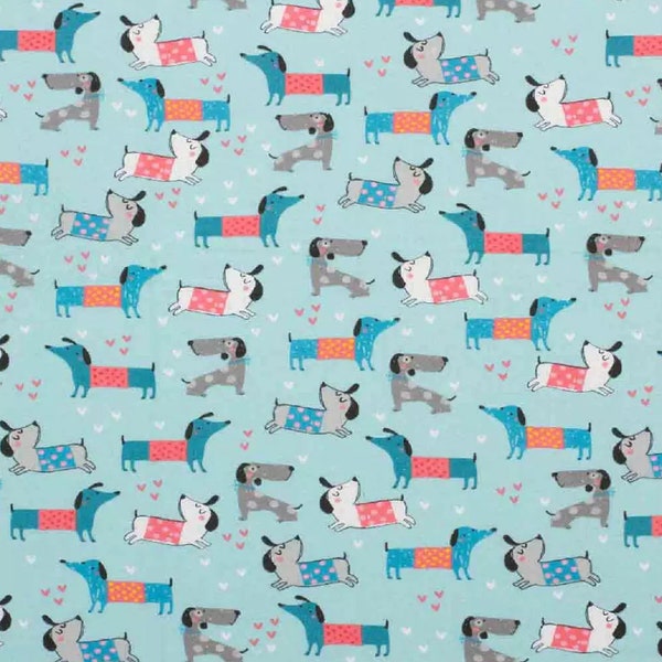 Scattered Loving Dogs on Aqua Heart Hearts Dog Patterned Dogs Puppy Love 100% Cotton Flannel Fabric (Fabric By the yard)