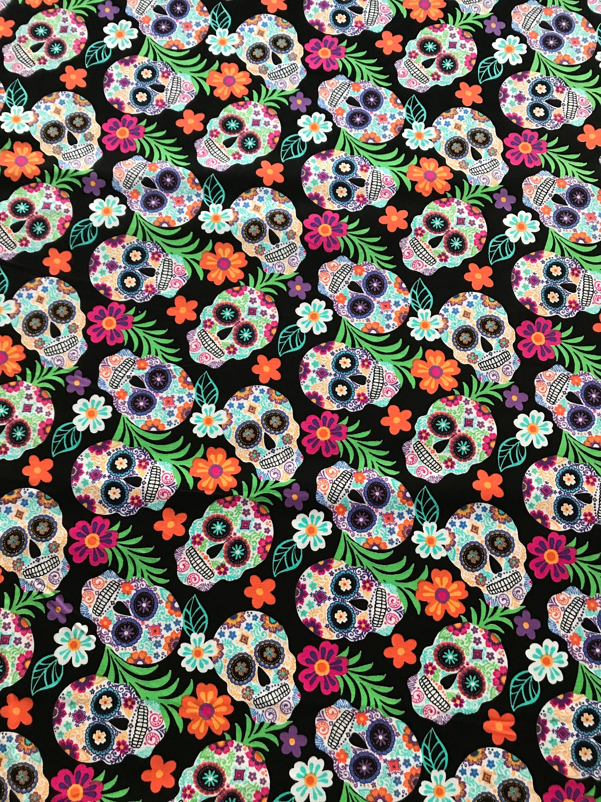 Tossed Colorful Tropical Floral Sugar Skulls on Black 100% Cotton ...