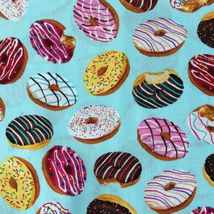 Tossed Colorful Frosted Donuts with sprinkles on Green food 100% Cotton Fabric FQ Fat Quarter, 1/4, 1/2 or by the yard (Choose a size)