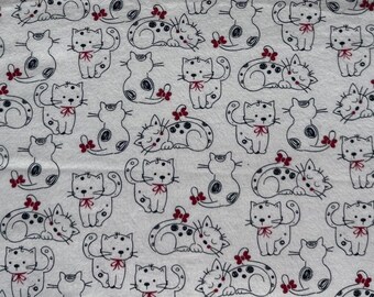 Adorable Sketched Cats in Bows on White 100% Cotton Flannel Fabric (Fabric sold by the yard) - LAST of this Fabric
