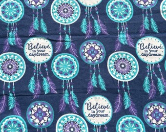Believe In Your Daydream Dream Catcher on Navy 100% Cotton Flannel Fabric LAST of this Fabric 17"L x 42"W Remnant Cut Piece or By the Yard