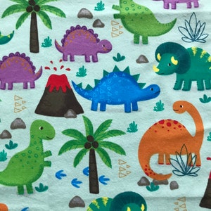 Happy Dinos Dinosaurs & Volcanoes on Green 100% Cotton Flannel 1/4 yard, 1/2 yard or by the Yard (Choose a size)