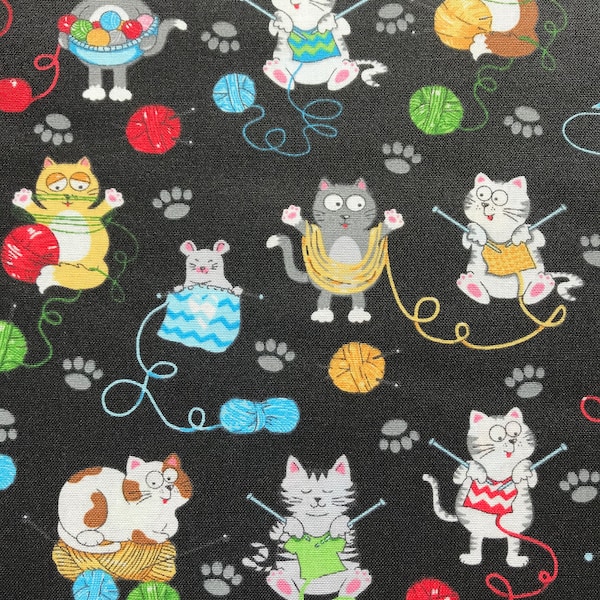 Adorable Yarn Knitting Cats on Black Scattered Paw Prints Mice Mouse Cat Kitty 100% Cotton FQ Fat Quarter, 1/4 yard, 1/2 yard or by the Yard