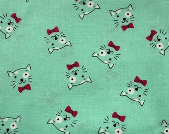 Cat Faces in Bow Ties on Green 100% Cotton Fabric - Remnant/By the Yard - Choose a Size - LAST of this Fabric * * *