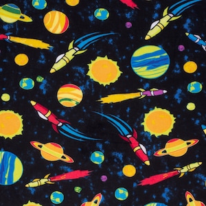 Spaceships and Planets on Black 100% Cotton Flannel Fabric (Fabric sold By the yard)
