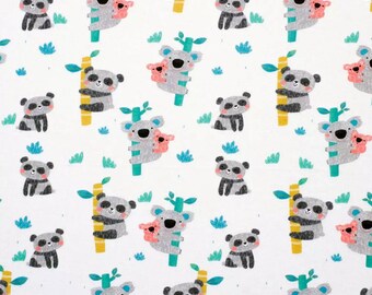 May include: A white background with a repeating pattern of grey koalas holding pink baby koalas and grey pandas climbing bamboo. The koalas and pandas are surrounded by green leaves and blue flowers.
