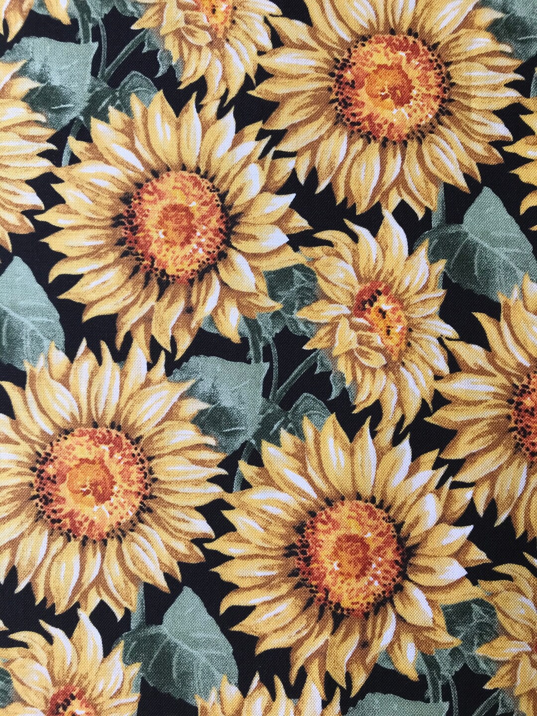 Large Sunflowers on Black Fall Harvest Time Sunflower 100% Cotton ...