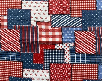 Patriotic Americana Patchwork Red White Blue Stripes Stars Roses Gingham Check Dots 100% Cotton Flannel Fabric (Fabric sold by the yard)