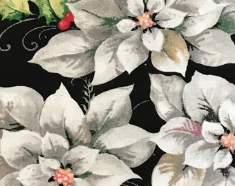 White Poinsettias Glitter Glittery Christmas Holiday Poinsettia 100% Cotton Fabric FQ Fat Quarter 1/4, 1/2 or by the Yard (Choose a size)