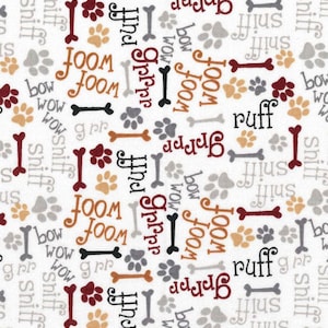 May include: White fabric with a repeating pattern of paw prints, bones, and words related to dogs, including "woof", "sniff", "bow", "zoom", "ruff", and "his".