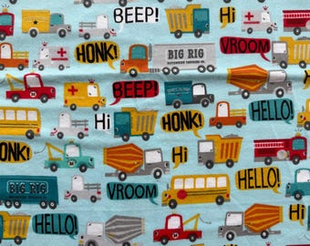 Hello Vroom Hi BEEP HONK Multi Construction Rigs Emergency Vehicles Tow/Dump Trucks Semi School Bus 100% Cotton Flannel Fabric By the yard