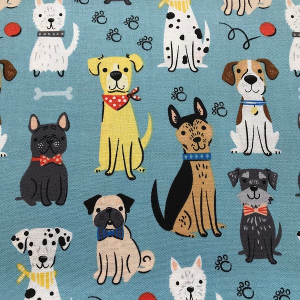 Dogs Wearing Bandanas or Bow Ties on Blue Paw Prints Ball Bone 100% Cotton Fabric FQ Fat Quarter 1/4, 1/2 or by the Yard (Choose a size)