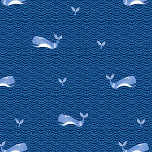 Whales In Waves on blue 100% Cotton Flannel Fabric (Fabric sold by the yard) Whale Ocean Life
