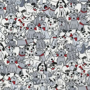 May include: A white background with a repeating pattern of black and gray cartoon dogs. The dogs are all different breeds and have different expressions. Some of the dogs are wearing red collars.
