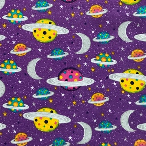 Planets On Purple Outer Space Galaxy Stars Crescent Moon Planet 100% Cotton Flannel Fabric (Fabric By the yard)