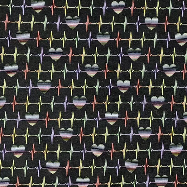 Heart Beat Rainbow on black 100% Cotton Flannel Fabric Fat Quarter, 1/4 yard, 1/2 yard or by the Yard (Choose a size)