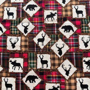 Wilderness Patches Silhouette Plaid Print 100% Cotton Fabric, Buck, Moose, Bear, Deer Head (Fabric sold by the yard)