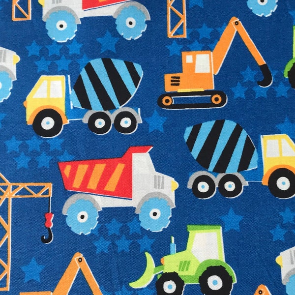 Construction Trucks On Blue Dump Truck Bulldozer Excavator Cement 100% Cotton Fabric FQ Fat Quarter, 1/4, 1/2 or by the yard (Choose a size)