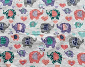 Patterned Elephants on White Flowers Hearts Polka Dots Stripes 100% Cotton Flannel Fabric LAST of this Fabric 16"L x 42"W Remnant Cut Piece