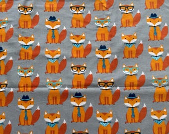 Smart Sophisticated Foxes on Gray, Fox in Hats, Ties, Glasses & Bandanas 100% Cotton Flannel Fabric (Fabric sold By the yard) LAST ONE!