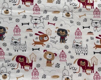 Dogs Fire Hydrants Bow Wow Ruff Woof Woof Bones Paw Prints 100% Cotton Flannel Fabric (Fabric By the yard) Dog Print - Last of this Fabric