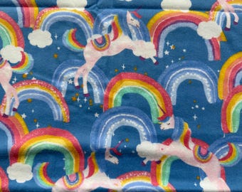 Unicorns Rainbow Stars and Clouds on Bue 100% Cotton Flannel Fabric (Fabric sold by the yard)