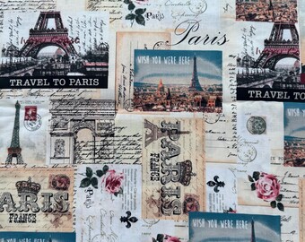 Paris Collage Postcard Travel to Paris 100% Cotton Fabric (Fabric sold by the yard)  * * *