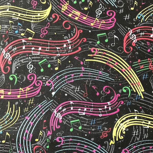 Colorful Music on black Musical Notes 100% Cotton Fabric FQ Fat Quarter, 1/4, 1/2 or by the yard (Choose a size)