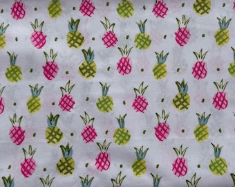 Pineapples on White 100% Cotton Fabric Pink Yellow Green (Fabric sold by the yard)  * * *