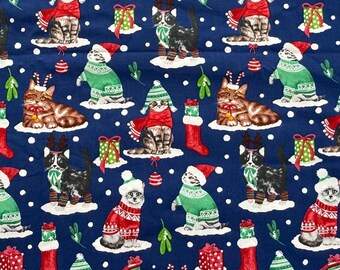 Christmas Holiday Cats on Blue 100% Cotton Fabric (Fabric sold by the yard)  * * *