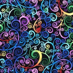 May include: A black fabric featuring a vibrant, multi-colored pattern of swirling, interconnected vine-like motifs. The spirals transition through a spectrum of rainbow colors, including shades of blue, purple, green, yellow, and orange.