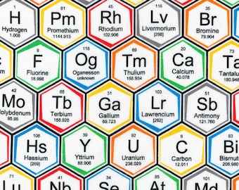 Periodic Hexagons on white Science Scientist 100% Cotton Fabric FQ Fat Quarter, 1/4 yard, 1/2 yard or by the Yard (Choose a size)