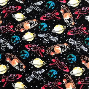 Space Ships on Black Spaceships Planets Galaxy 100% Cotton Flannel Fabric (Fabric By the yard)