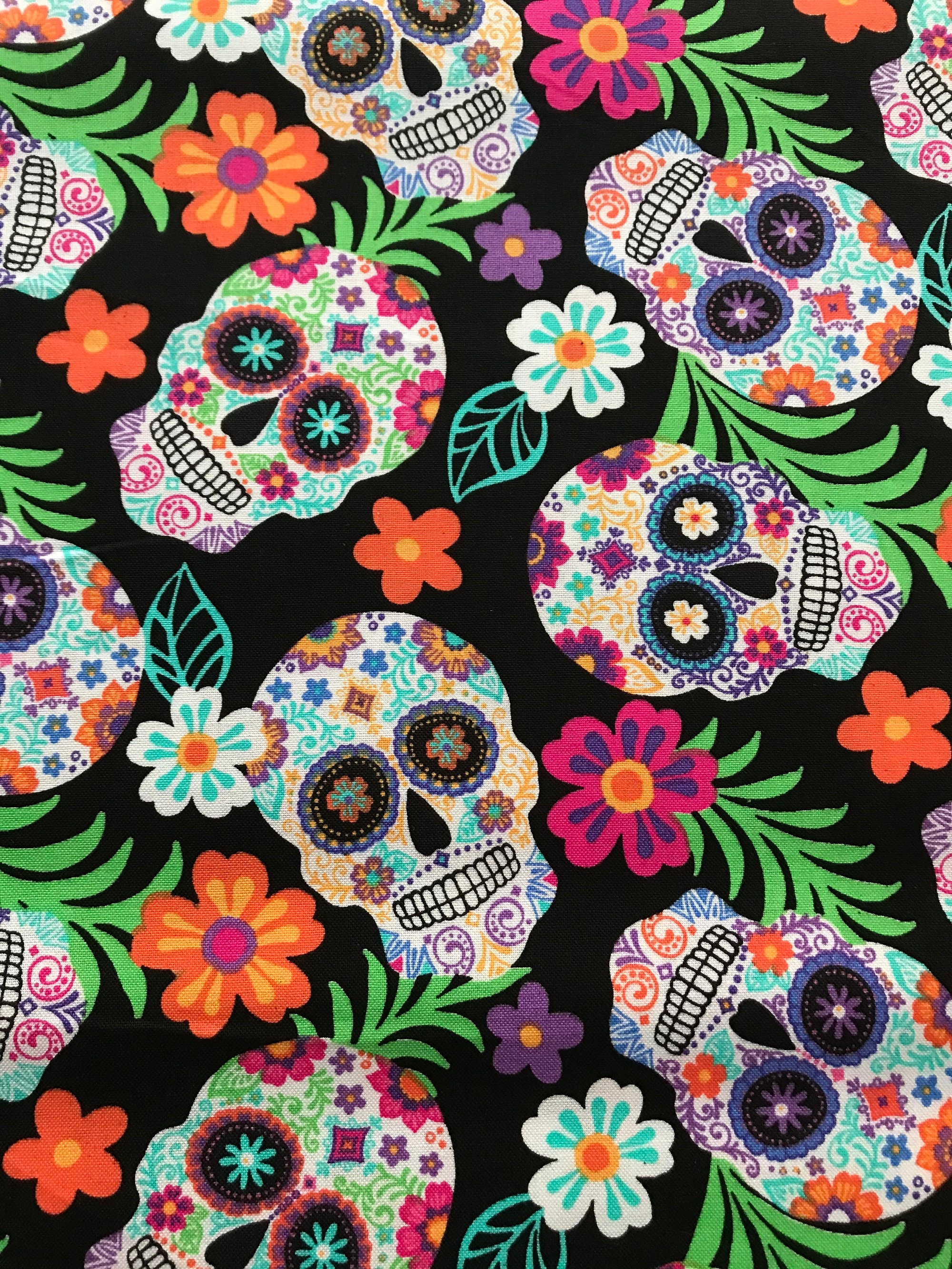 Tossed Colorful Tropical Floral Sugar Skulls on Black 100% Cotton ...