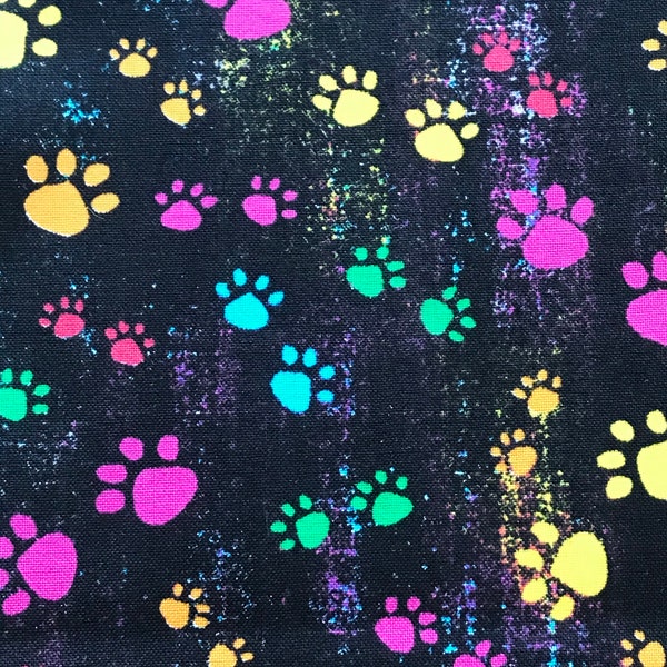 Colorful Paws Prints Green Yellow Pink Blue Dog Paw print  animal 100% Cotton Fabric FQ Fat Quarter 1/4, 1/2 or by the Yard (Choose a size)