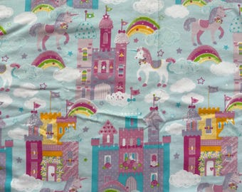 Magic Castles And Unicorns Princess Fairytale Theme 100% Cotton Flannel Fabric (Fabric sold by the yard)