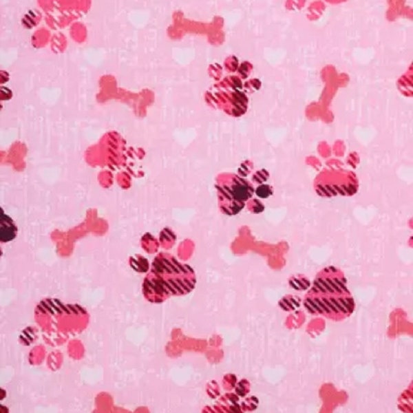 Pink Dog Paw Prints Hearts Bones on Pink Heart Paws Bone 100% Cotton Fabric (Fabric sold by the yard)