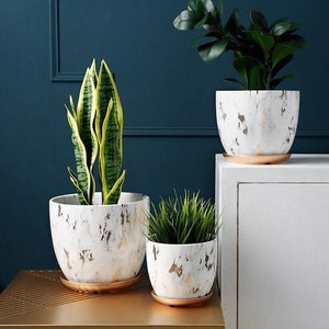 Modern Marbleised Ceramic Plant Pot with Tray/Plate