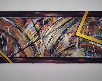 Arte acrílico abstracto original, pintado a mano en morado, azul y adornado en bronce metálico y dorado.