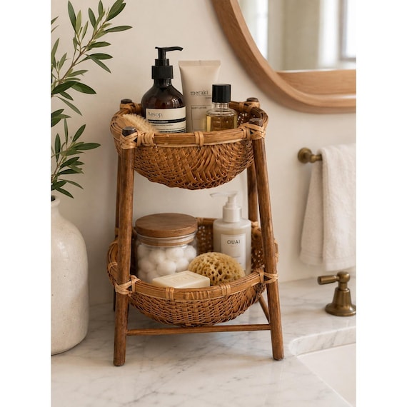 Vintage 2 Tier Woven Bamboo Wicker Basket Natural Boho Countertop Organizer
