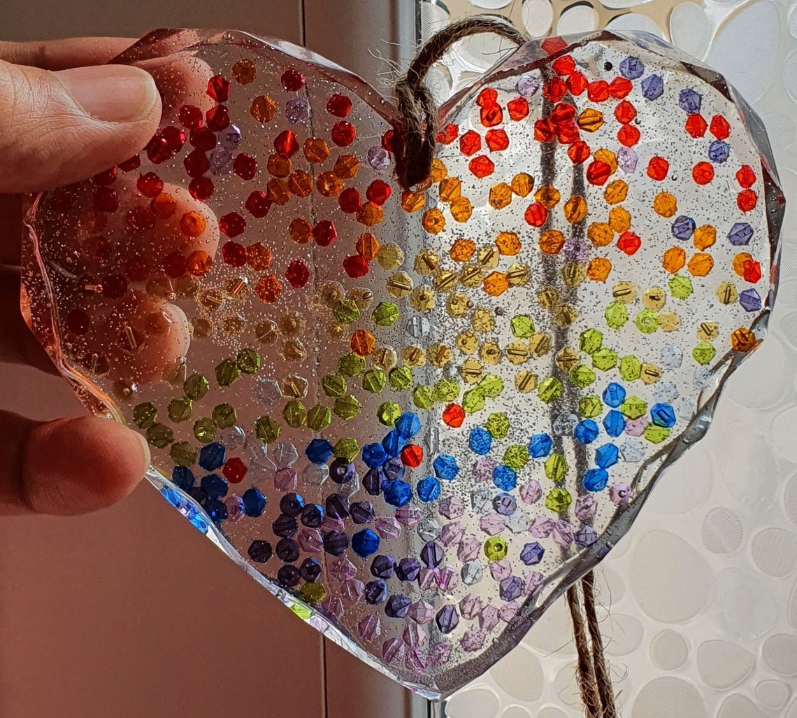 Rainbow Fused Glass Scattered Beads Resin Silver Glitter Heart Etsy